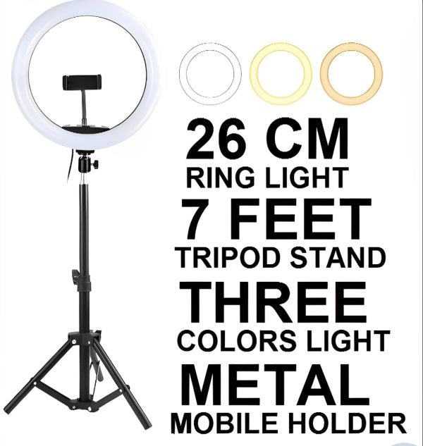 26cm LED Ring Light with Phone Holder & 7ft Tripod Stand | 3 Color Modes | Dimmable USB Selfie Light for Makeup, Photography & Videography