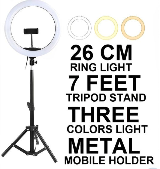 26cm LED Ring Light with Phone Holder & 7ft Tripod Stand | 3 Color Modes | Dimmable USB Selfie Light for Makeup, Photography & Videography